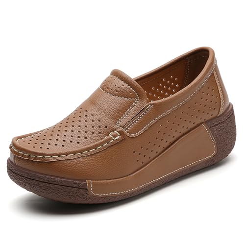 CrazySavage Women's Toning Rocker Cutout Walking Shoes Platform Slip On Leather Hollow Breathable Wedge Orthotic Sneakers Insole Pain Relief Arch Support That (Brown,8,Women,8) - Image 1