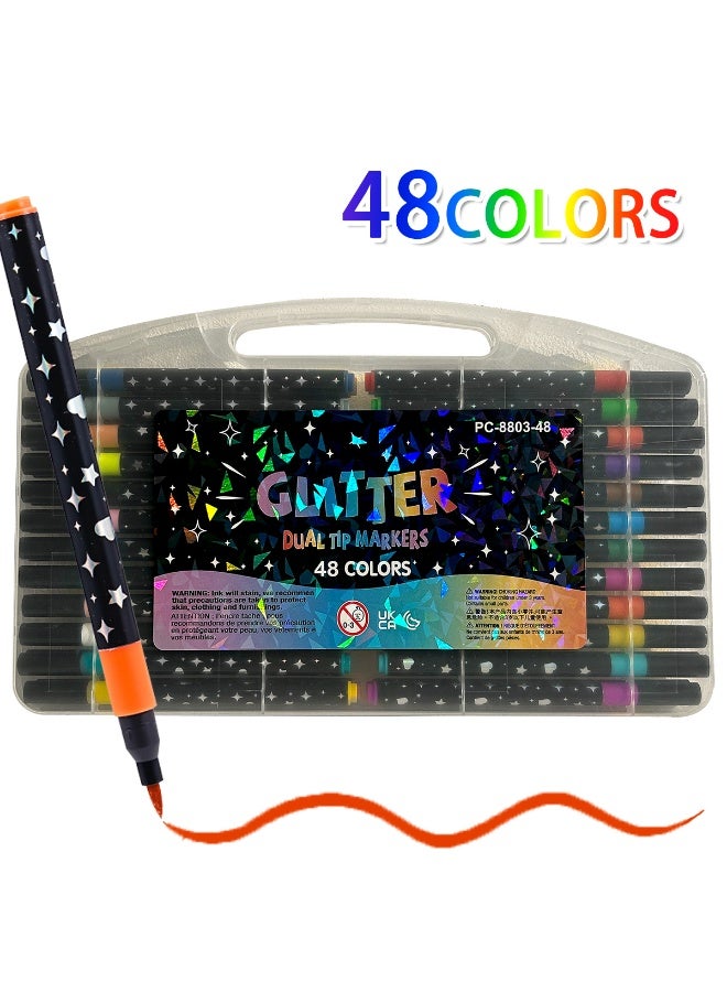 Teeny Baby 48 Colors Glitter Dual-Tip Marker Set with Flexible Brush & Fine Tips, Portable Storage Case - Image 2