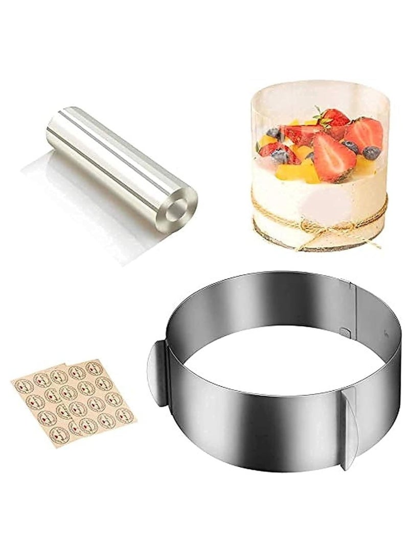 DAILYCHIC 4PCS Cake Baking Tools Set, Cake Collar Clear,Cake Mould Ring Stainless Steel Adjustable 6.5-12 Inch Mousse Cake Baking with Cake Strips Cake Rolls Mousse Cake Acetate Sheet Delicate Stickers - Image 1