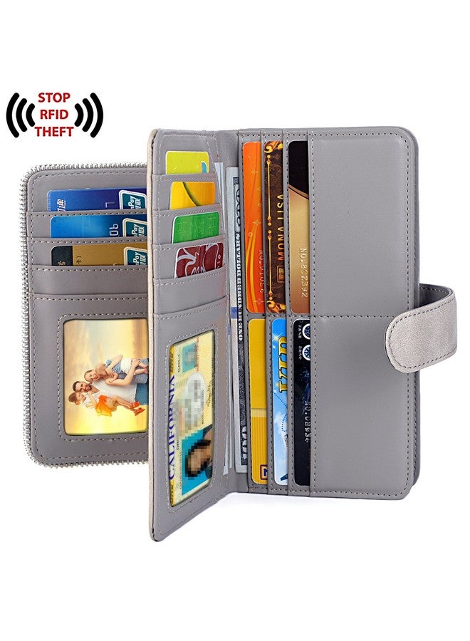 UTO محفظة نسائية من جلد PU مع حماية RFID سعة كبيرة 15 فتحة بطاقة حامل هاتف ذكي إغلاق بالضغط رمادي - Image 3