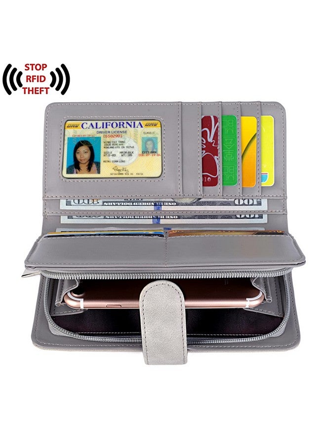 UTO محفظة نسائية من جلد PU مع حماية RFID سعة كبيرة 15 فتحة بطاقة حامل هاتف ذكي إغلاق بالضغط رمادي - Image 2