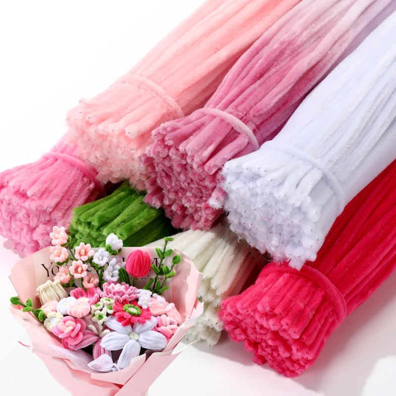 DaisyInner 700 Pcs Pipe DIY Cleaners for Craft Cleaners Flower Pipe Bulk Pastel Chenille Stems Flower Gradient Colored Fluffy for Valentine's Day School Party Decor(Pink Theme) - Image 1