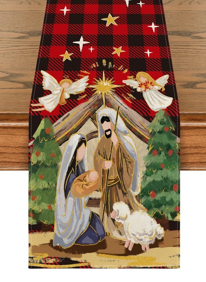 Artoid Mode Buffalo Plaid Kogiya Shepherd Christmas Table Runner, Winter O Holy Night Xmas Kitchen Dining Table Decoration for Home Party Decor 13x72 Inch - Image 1