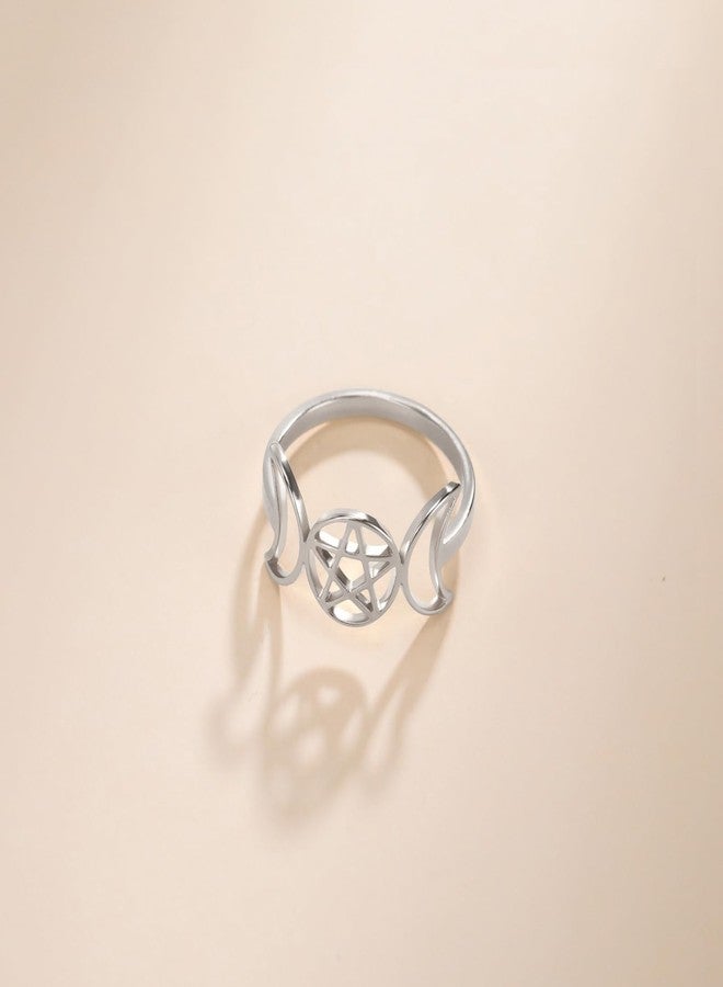 TEAMER Stainless Steel Triple Moon Goddess Ring Amulet Wicca Pentagram Ring Pagan Jewelry for Women (Silver, 9) - Image 4