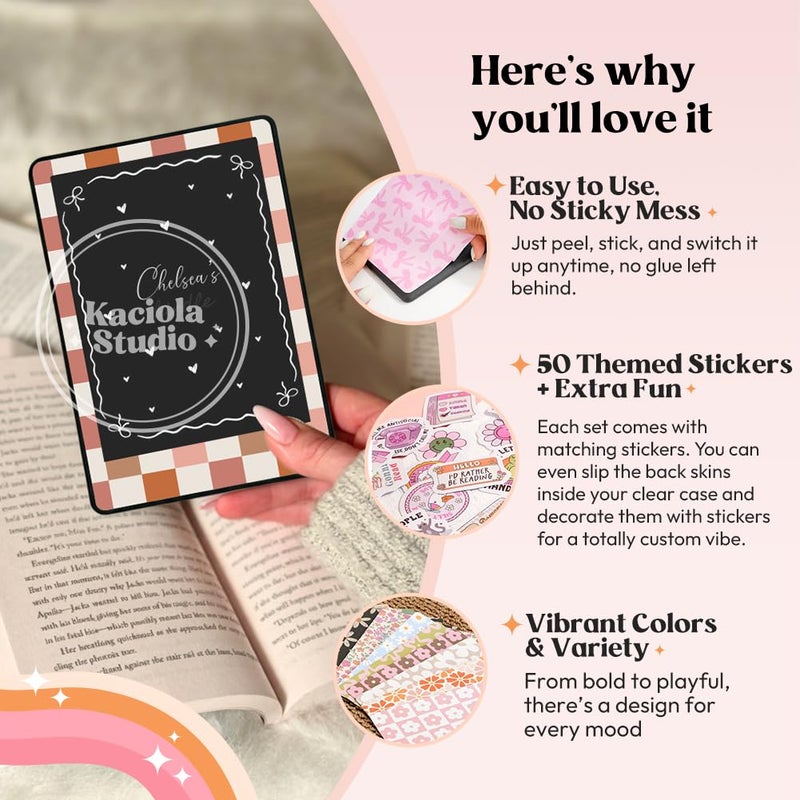 KACIOLA STUDIO 24PCS Warm Color Skin Set for E-Reader, and 4PCS Type C Charms/50PCS Scrapbook Stickers for Clear Case, 6.9"x4.8" Skin Front and Back Decal for Paper White 11th (Warm) - Image 4
