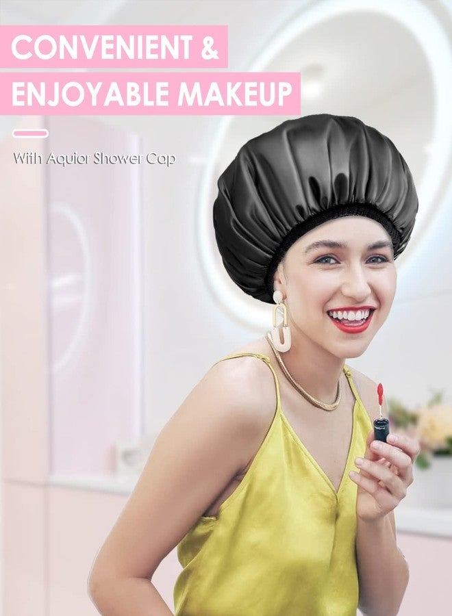 Aquior Shower Cap,Terry Lined Shower Cap for Women Reusable, Triple Layer Waterproof Bath Cap, Extra Large for Women Long Hair(Black) - Image 2