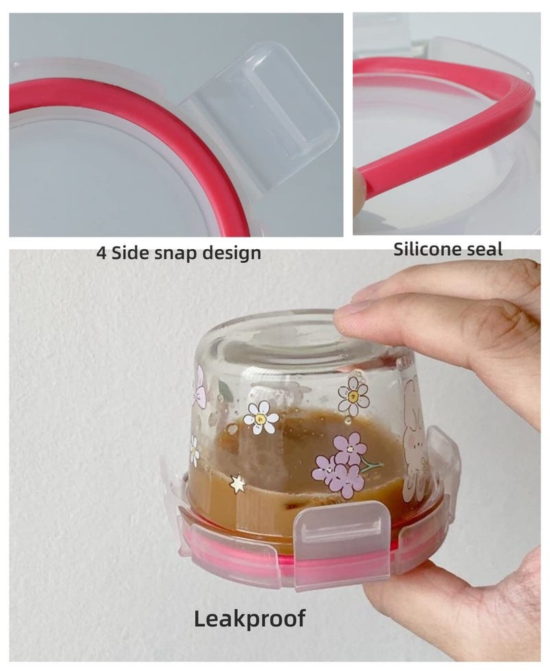yaocoral 2 Pack 4 OZ Mini Glass Food Storage Containers with Lids Square Round Pink Floral Food Jars Small Glass Container for Food Portion Sauce Snack Yogurt Dressing Airtight Freezer Microwave Safe - Image 2