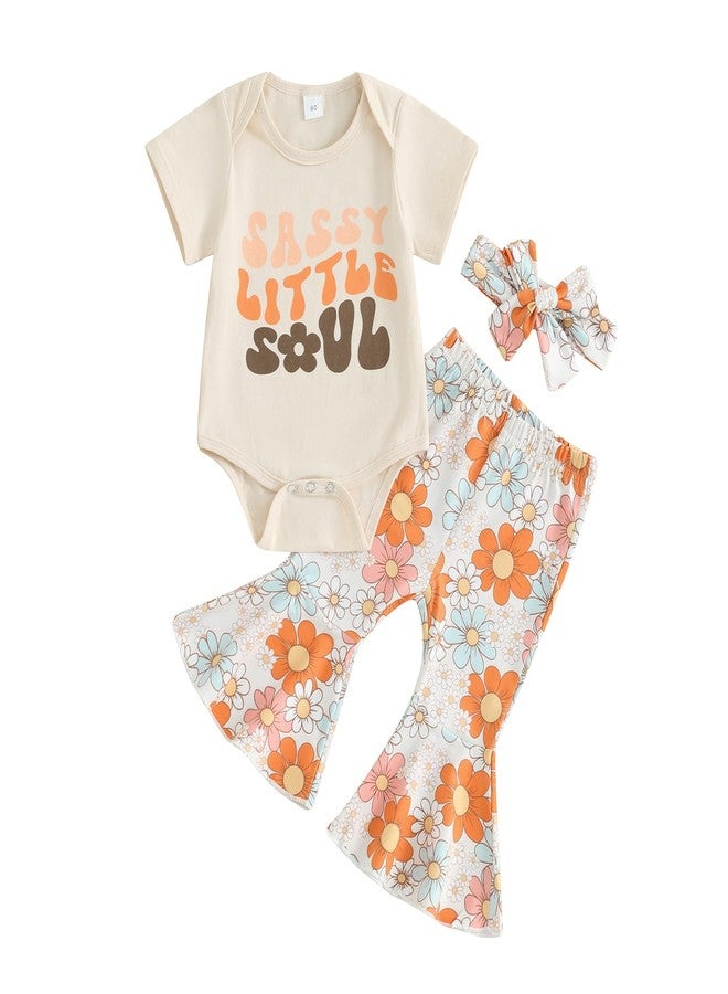 Karuedoo Newborn Baby Girl Summer Outfits Sassy Little Soul Romper Boho Floral Flared Pants Headband 3Pcs Clothes Set (A-Apricot, 3-6 Months) - Image 1