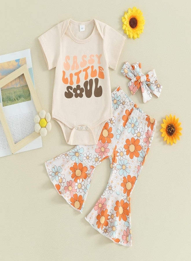 Karuedoo Newborn Baby Girl Summer Outfits Sassy Little Soul Romper Boho Floral Flared Pants Headband 3Pcs Clothes Set (A-Apricot, 3-6 Months) - Image 2