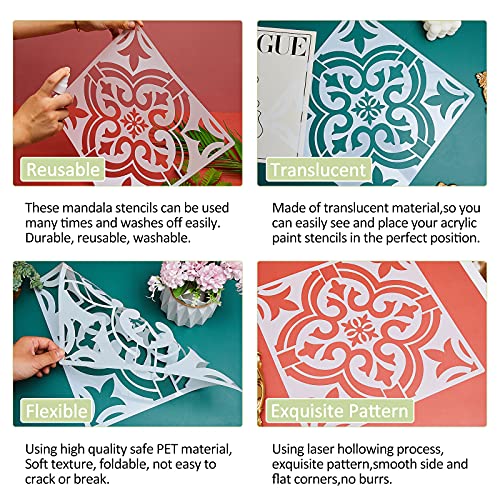 Zonon Mandala 6 Pieces Reusable Tile Stencil 12 x 12 Inches Wall Templates Tile Pattern Stencil Mandala Drawing Templates for DIY Scrapbooks Wall Floor Home Decors - Image 4