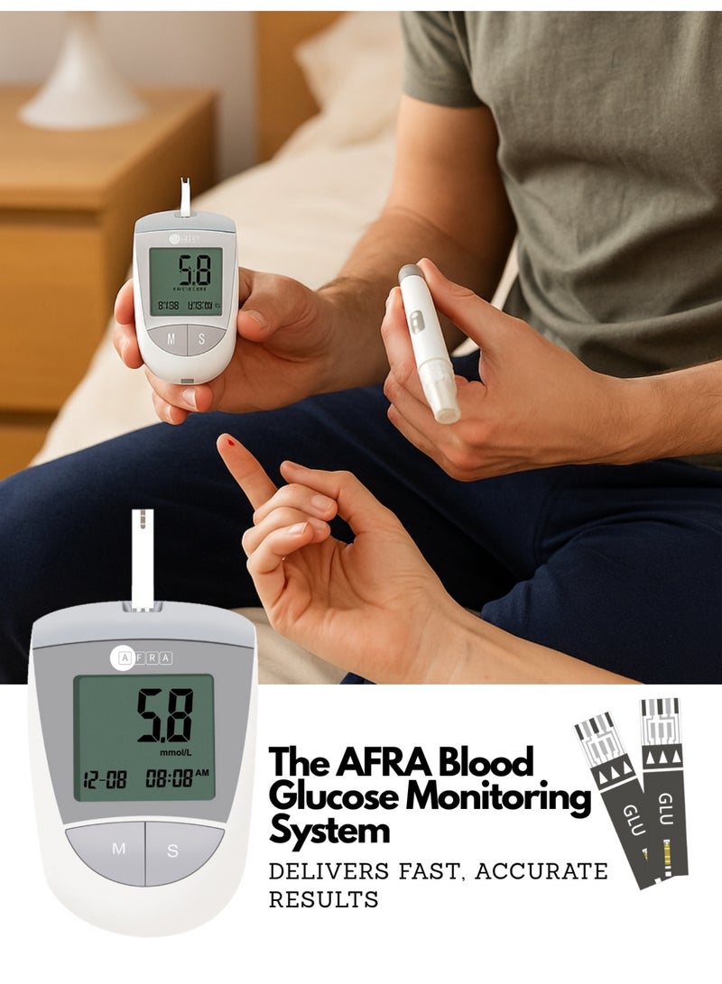 AFRA نظام مراقبة مستوى الجلوكوز في الدم رمادي (Af-100Gm) - اختبار سكر الدم بدقة وسرعة وسهولة - يشمل إبر وخز وشرائط اختبار - Image 3