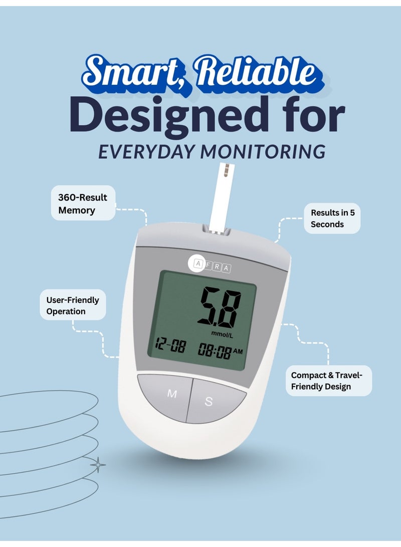 AFRA نظام مراقبة مستوى الجلوكوز في الدم رمادي (Af-100Gm) - اختبار سكر الدم بدقة وسرعة وسهولة - يشمل إبر وخز وشرائط اختبار - Image 5