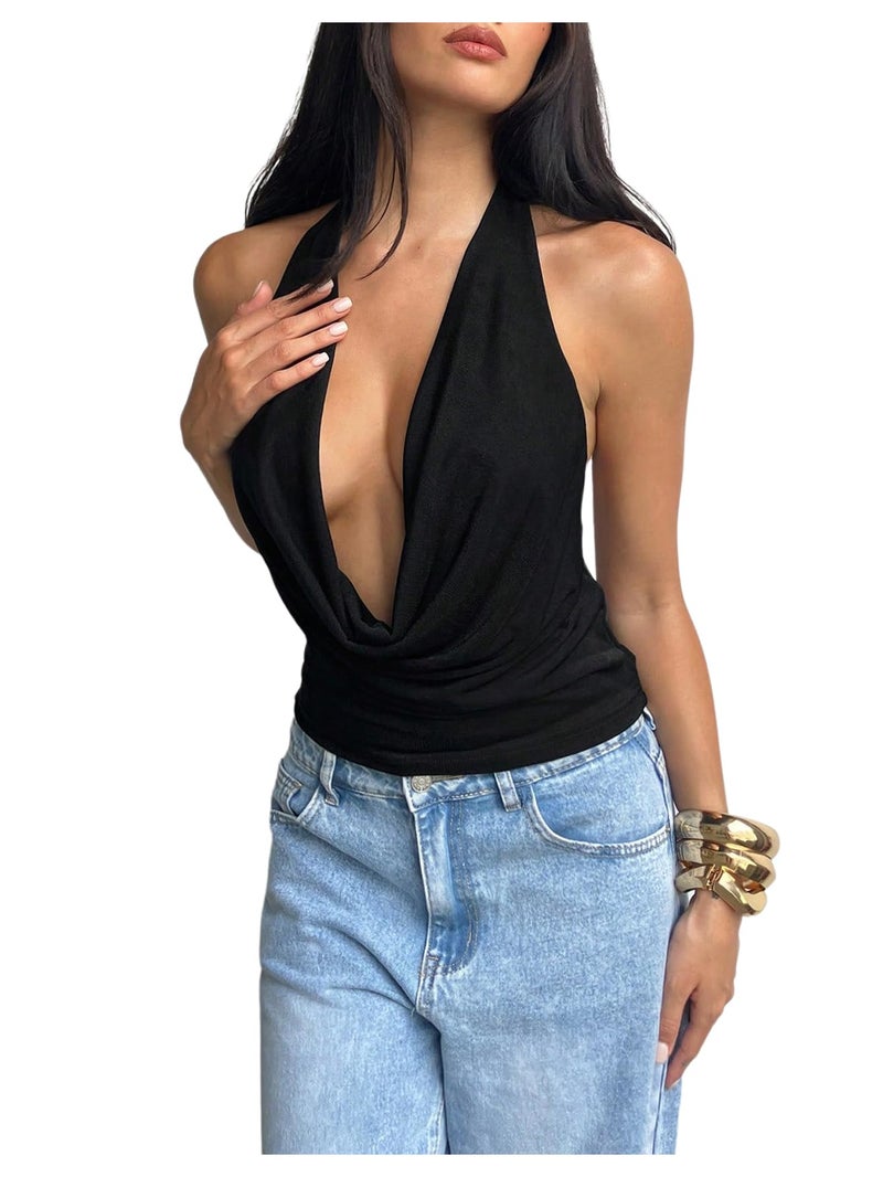 MakeMeChic Women's Going Out Halter Tops Backless Y2k Cowl Neck Tops Rave Outfits Black Small - Image 1