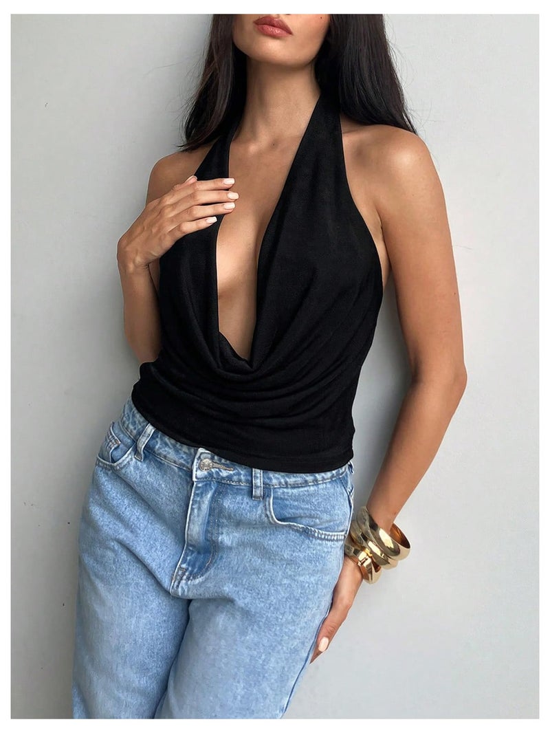 MakeMeChic Women's Going Out Halter Tops Backless Y2k Cowl Neck Tops Rave Outfits Black Small - Image 5