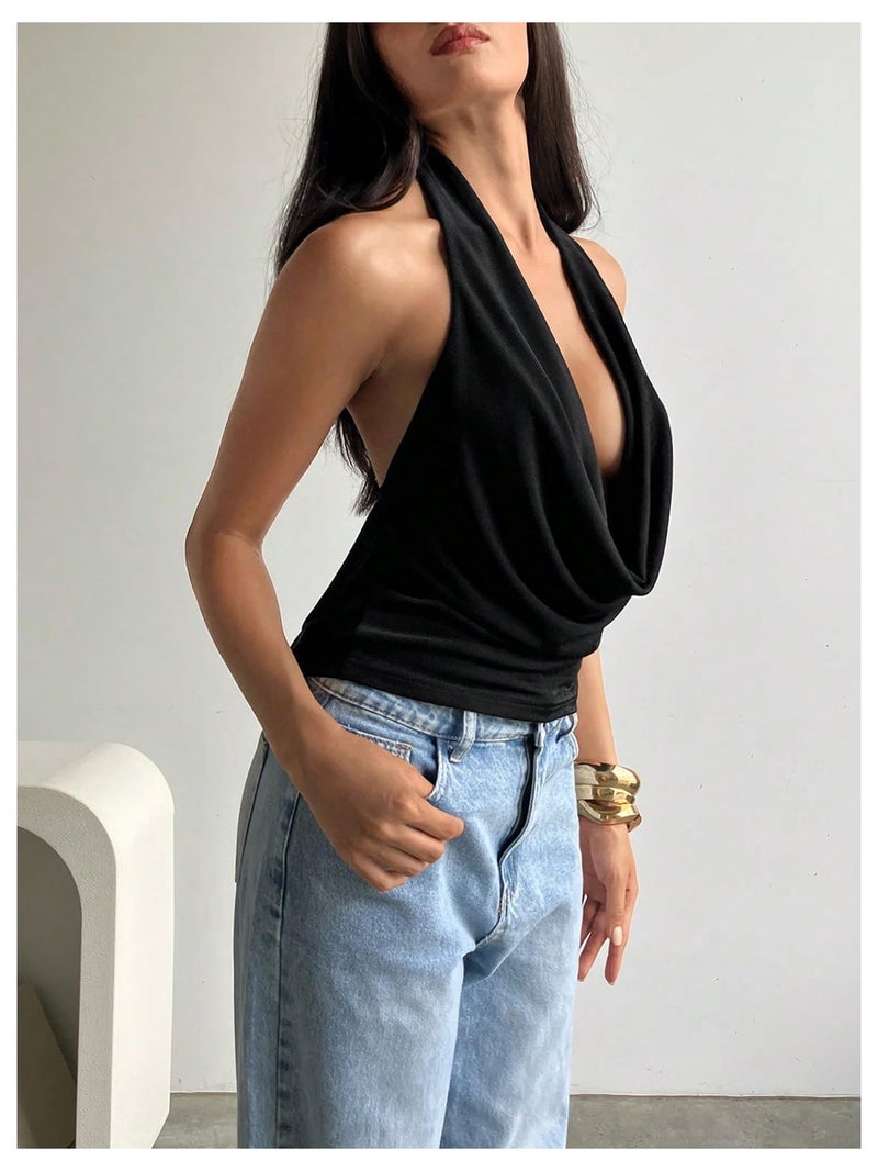 MakeMeChic Women's Going Out Halter Tops Backless Y2k Cowl Neck Tops Rave Outfits Black Small - Image 2