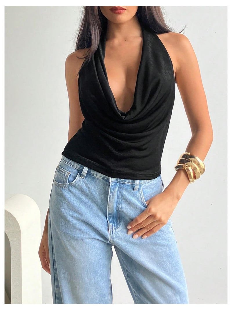 MakeMeChic Women's Going Out Halter Tops Backless Y2k Cowl Neck Tops Rave Outfits Black Small - Image 4