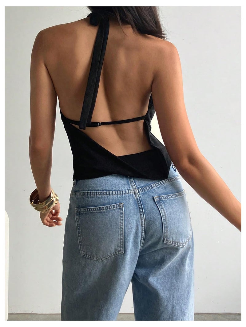 MakeMeChic Women's Going Out Halter Tops Backless Y2k Cowl Neck Tops Rave Outfits Black Small - Image 3