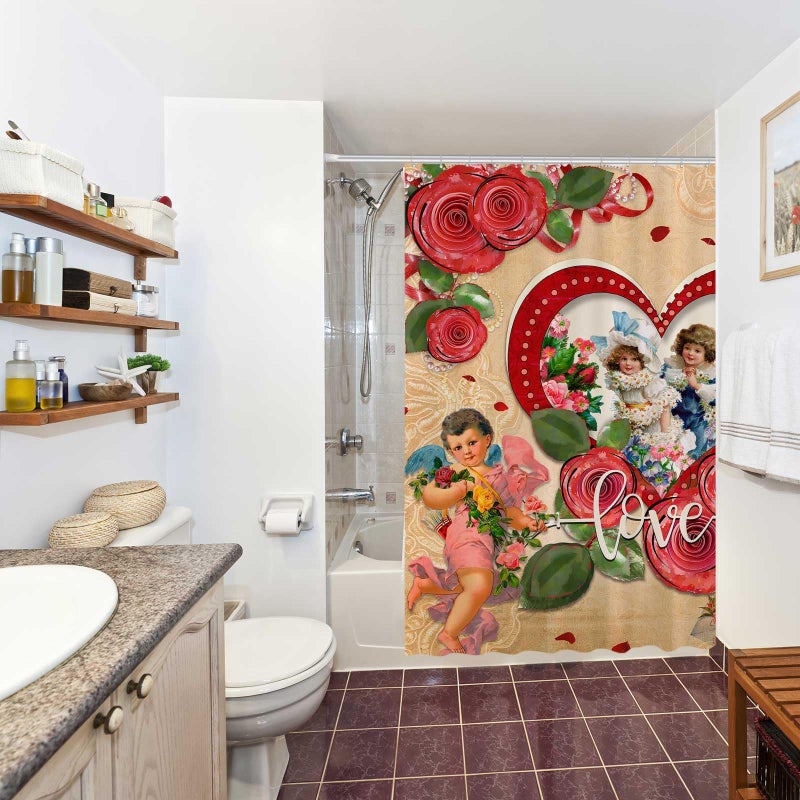 Allenjoy 72"x72" Vintage Valentines Shower Curtain for Bathroom Set Abstract Love Cupid Angel Country Rose Flower Heart Happy Bath Bathtub Decor Decor Durable Easy Care Washable - Image 5