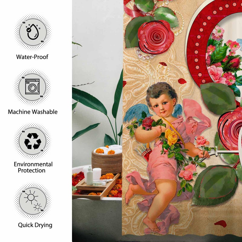 Allenjoy 72"x72" Vintage Valentines Shower Curtain for Bathroom Set Abstract Love Cupid Angel Country Rose Flower Heart Happy Bath Bathtub Decor Decor Durable Easy Care Washable - Image 4