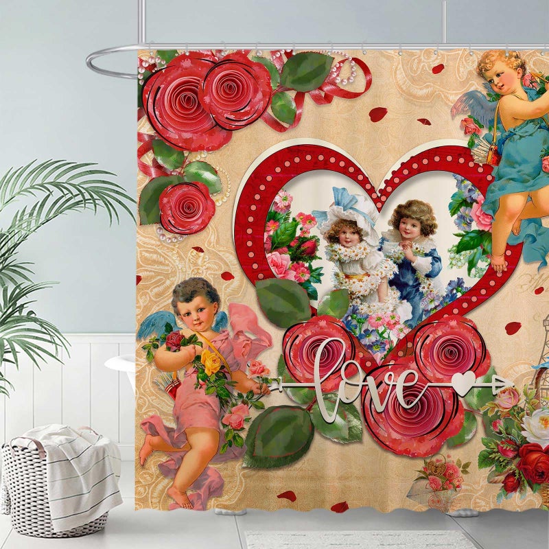 Allenjoy 72"x72" Vintage Valentines Shower Curtain for Bathroom Set Abstract Love Cupid Angel Country Rose Flower Heart Happy Bath Bathtub Decor Decor Durable Easy Care Washable - Image 2