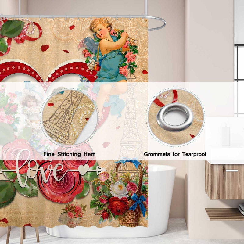Allenjoy 72"x72" Vintage Valentines Shower Curtain for Bathroom Set Abstract Love Cupid Angel Country Rose Flower Heart Happy Bath Bathtub Decor Decor Durable Easy Care Washable - Image 3