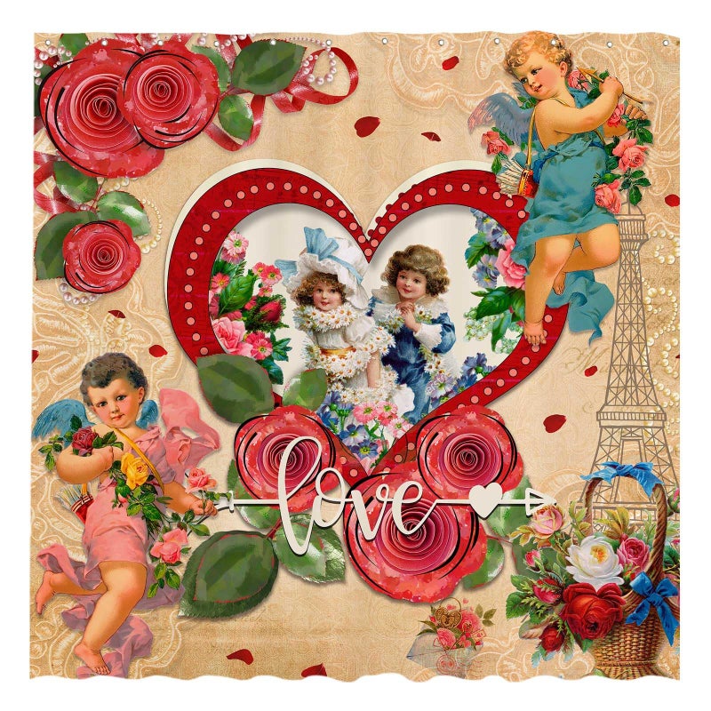 Allenjoy 72"x72" Vintage Valentines Shower Curtain for Bathroom Set Abstract Love Cupid Angel Country Rose Flower Heart Happy Bath Bathtub Decor Decor Durable Easy Care Washable - Image 1