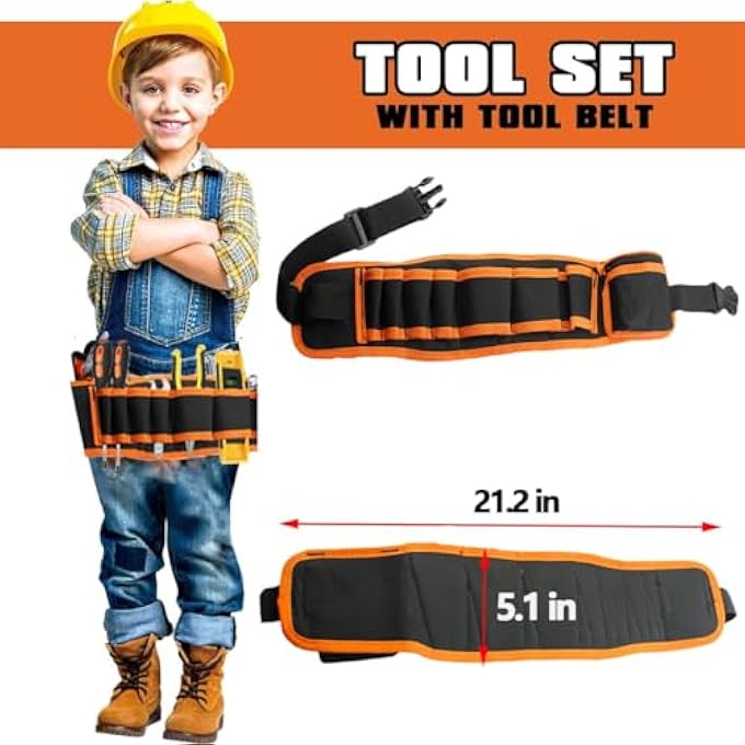 PTCCTV REAL KIDS TOOL SET,22 PCS KIDS JUNIOR TOOL SET WITH WOODWORKING,CONSTRUCTION TOOL SET FOR KIDS PRETEND PLAY,DIY REAL TOOLS FOR BOYS & GIRLS BEGINNER LEARNING,GREAT GIFT TOOL BELT - Image 4
