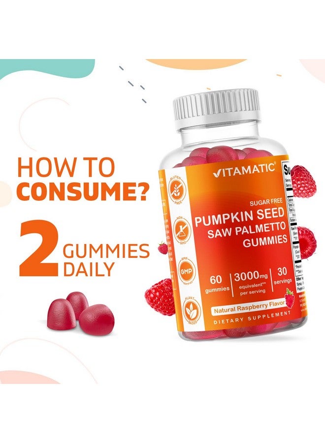 Vitamatic 2 Packs Sugar Free Pumpkin Seed Gummies- 3000 mg Equivalent Per Serving (from 20:1 and 10:1 Extract 200 mg) - Made with Saw Palmetto - Natural Raspberry Flavor - 60 Count - Image 4