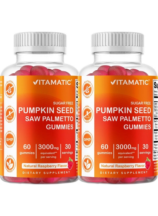 Vitamatic 2 Packs Sugar Free Pumpkin Seed Gummies- 3000 mg Equivalent Per Serving (from 20:1 and 10:1 Extract 200 mg) - Made with Saw Palmetto - Natural Raspberry Flavor - 60 Count - Image 1