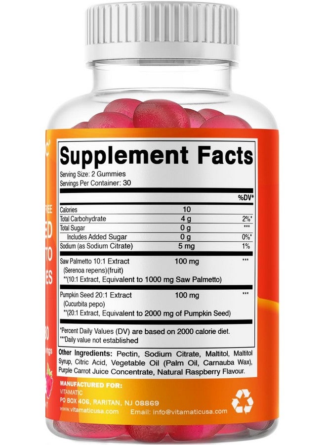 Vitamatic 2 Packs Sugar Free Pumpkin Seed Gummies- 3000 mg Equivalent Per Serving (from 20:1 and 10:1 Extract 200 mg) - Made with Saw Palmetto - Natural Raspberry Flavor - 60 Count - Image 5