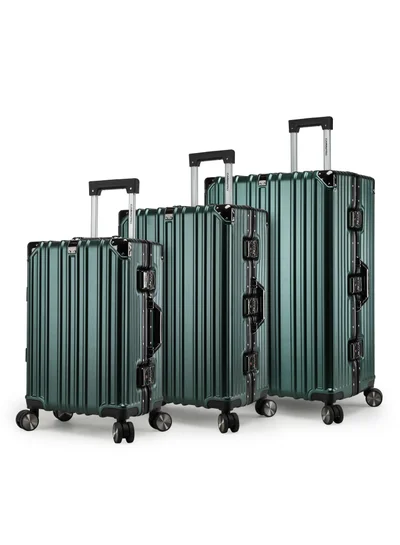 CABINPRO Lightweight Aluminum Frame Fashion Trolley Luggage Set of 3 Polycarbonate Hard Case Suitcase with 4 Quite 360° Double Spinner Wheels CP001 Blackish Green