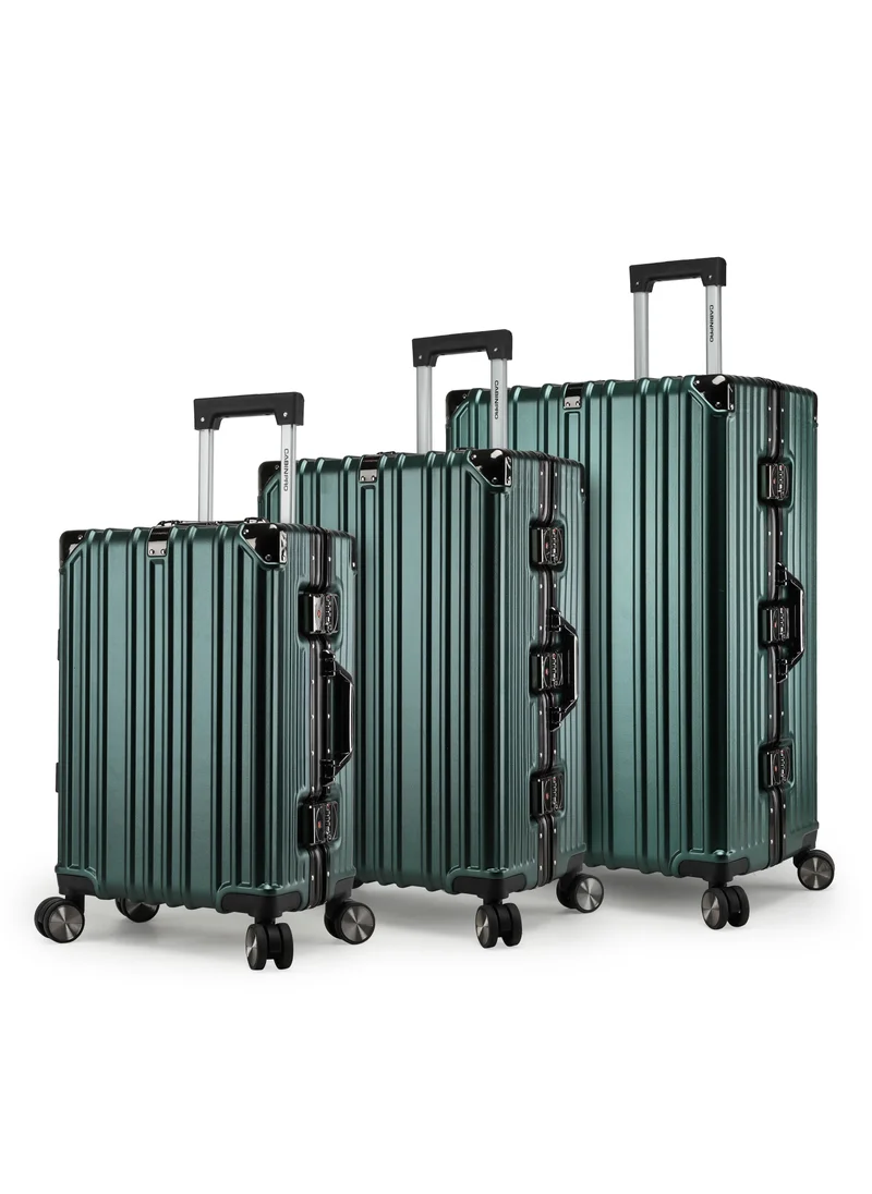CABINPRO Lightweight Aluminum Frame Fashion Trolley Luggage Set of 3 Polycarbonate Hard Case Suitcase with 4 Quite 360° Double Spinner Wheels CP001 Blackish Green