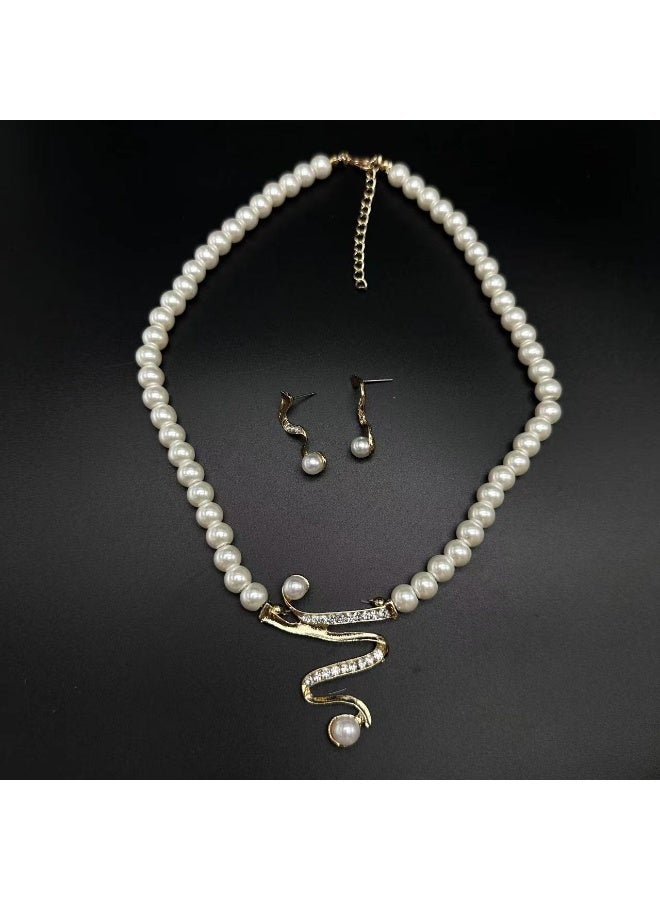 NIBEMINENT Deep V Neckline Pearl Necklace and Earring Set