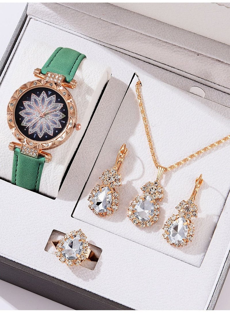 [2023 New Design]Ladies Watch Fashionable Women Quartz Diamond Wristwatch Classic Simple Watches Business Decoration Bangle Bracelet Necklace Ring Earring Girl Gift Set