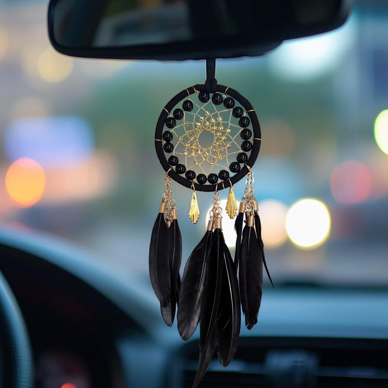 Awlee Black Dream Catcher for Cars Rear View Mirror Hanging Decor Handmade Feather Small Car Charms Pendant Gift - Image 1