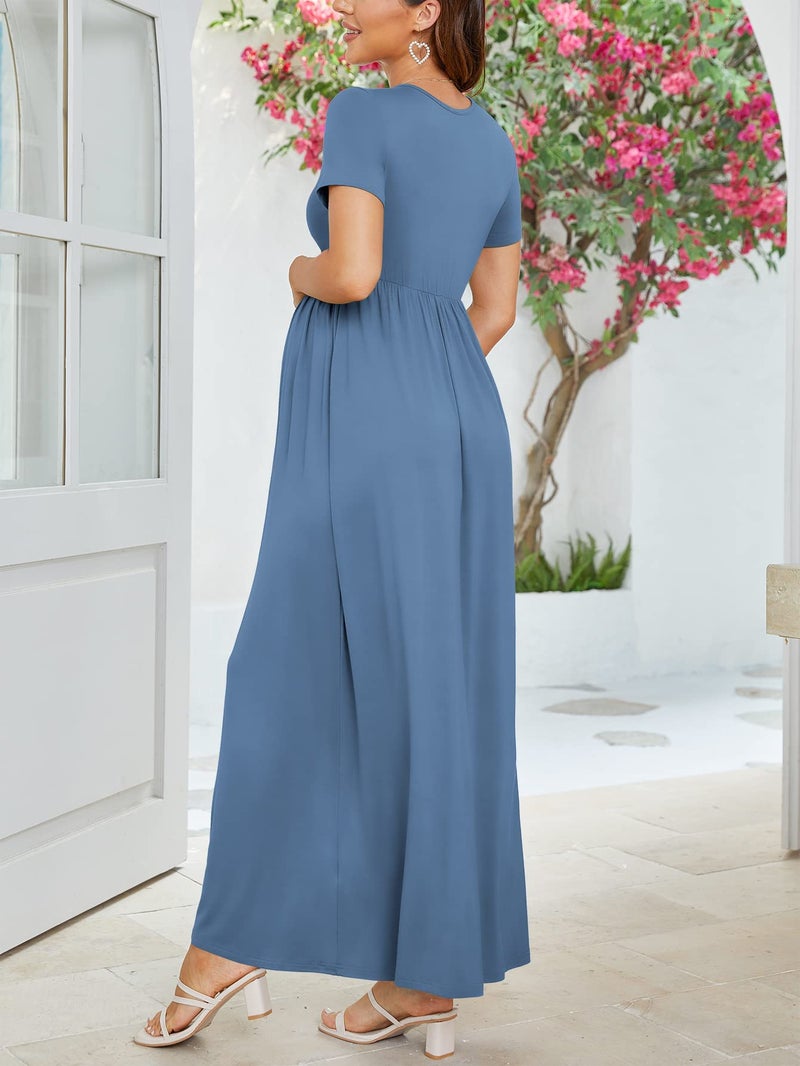 Xpenyo Maternity Dresses Women's Summer Casual Short Sleeve V Neck Wrap Long Maxi Dress Pregnancy Clothes for Baby Shower, Photoshoot, Party, Daily, Nursing, Indigo L - Image 4