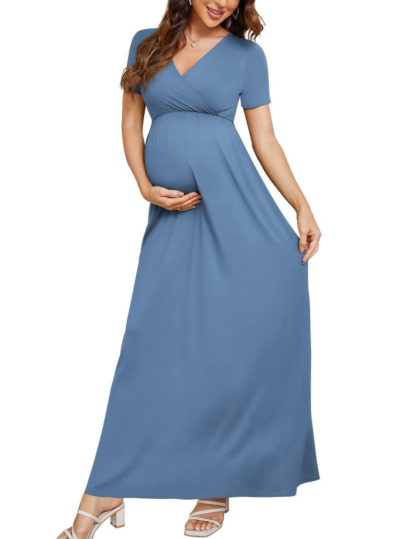 Xpenyo Maternity Dresses Women's Summer Casual Short Sleeve V Neck Wrap Long Maxi Dress Pregnancy Clothes for Baby Shower, Photoshoot, Party, Daily, Nursing, Indigo L - Image 1