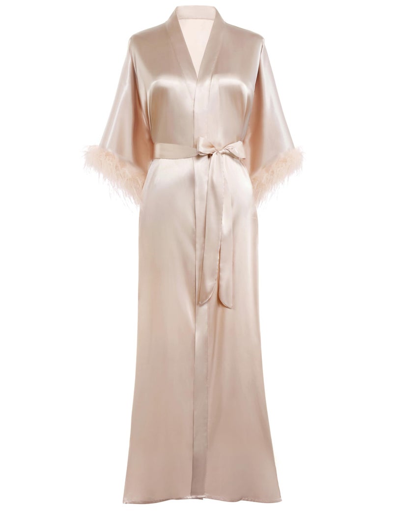 PRODESIGN Satin Kimono Robe Long Silky Bath Robe with Ostrich Feather Trim Sleepwear Wedding Bridesmaid - Image 1
