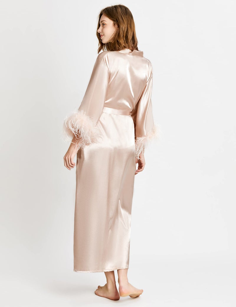 PRODESIGN Satin Kimono Robe Long Silky Bath Robe with Ostrich Feather Trim Sleepwear Wedding Bridesmaid - Image 4