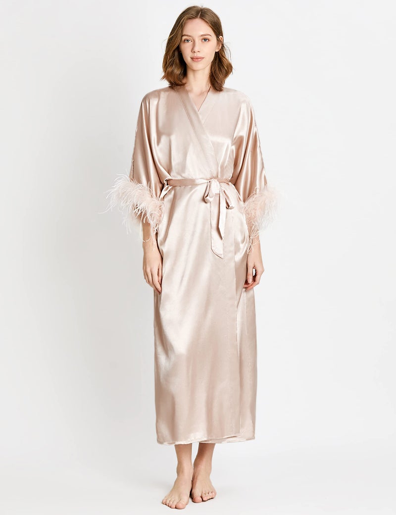 PRODESIGN Satin Kimono Robe Long Silky Bath Robe with Ostrich Feather Trim Sleepwear Wedding Bridesmaid - Image 2