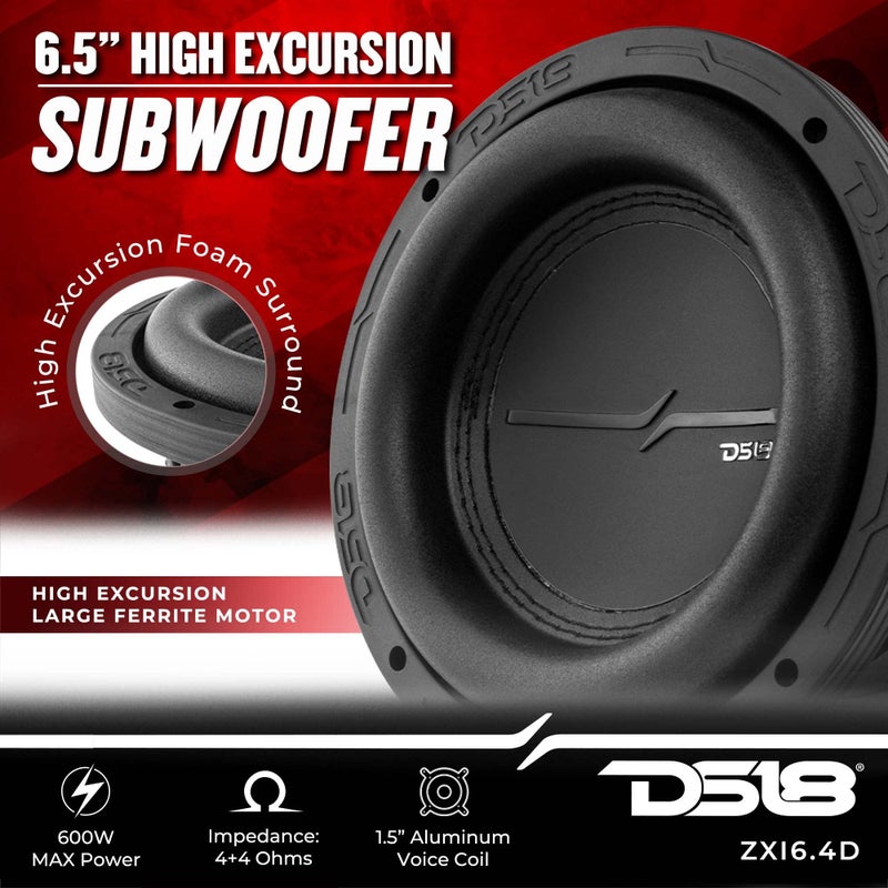 DS18 ZXI6.4D 6.5" High Excursion Car Audio Subwoofer 600W Watts Dual Voice Coil 4-Ohm 4 Magnets (1 Speaker), Black - Image 2