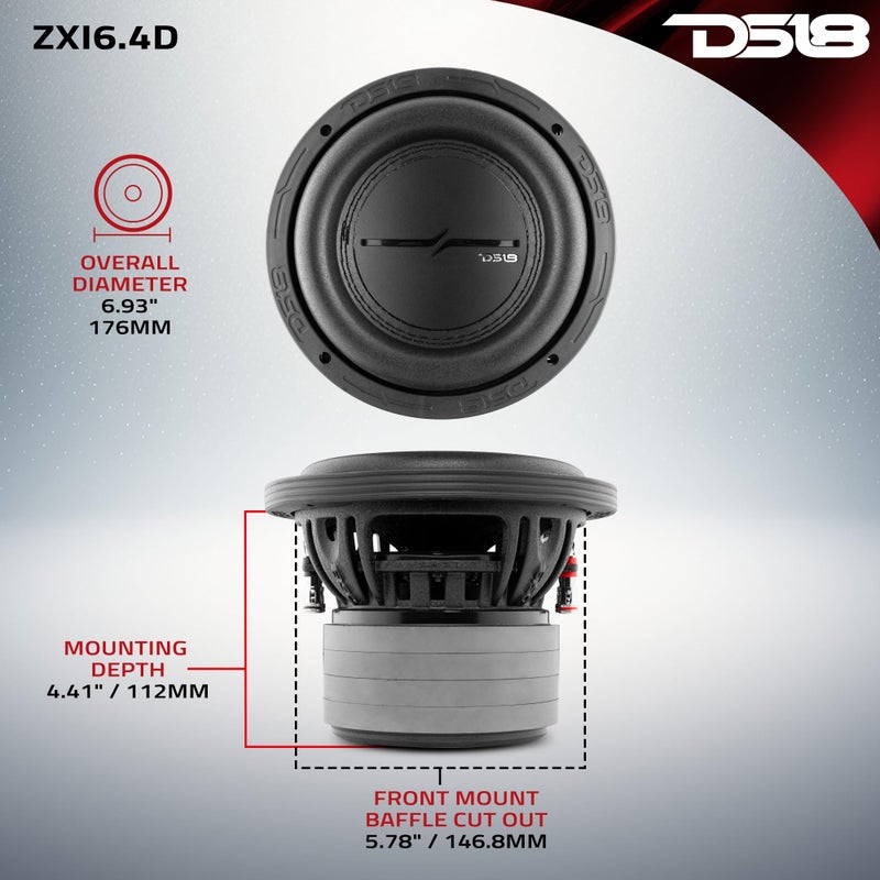 DS18 ZXI6.4D 6.5" High Excursion Car Audio Subwoofer 600W Watts Dual Voice Coil 4-Ohm 4 Magnets (1 Speaker), Black - Image 5