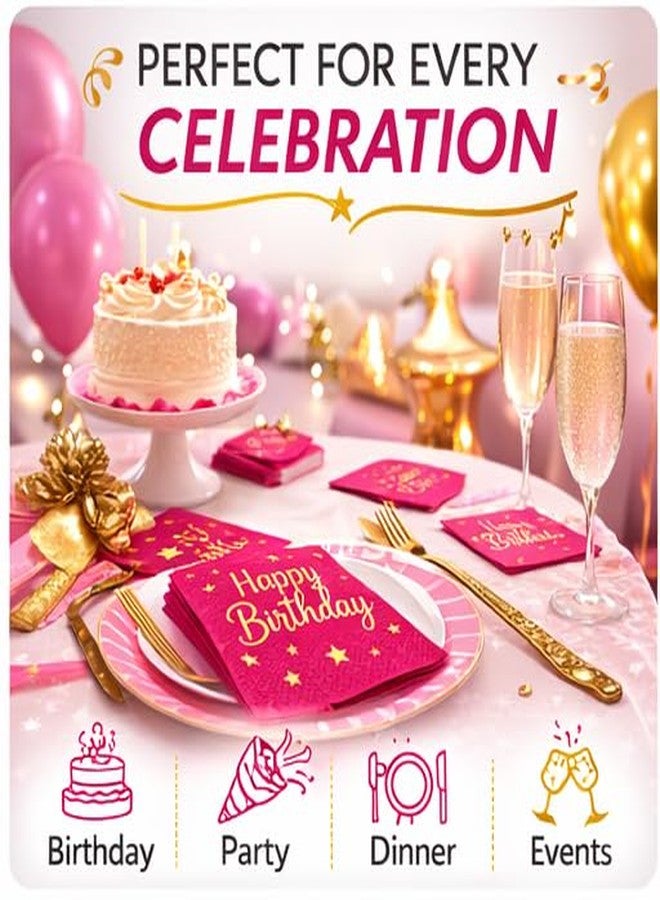Hydro Energy Hot Pink Happy Birthday Napkins 50 Dinner 3 Ply 50 Cocktail Gold Foil Party - Image 4