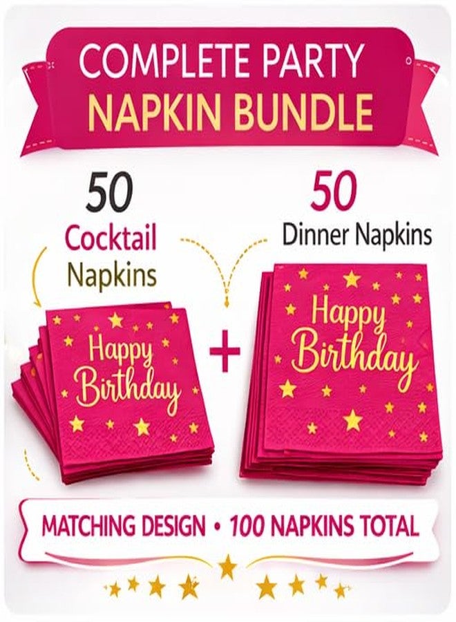 Hydro Energy Hot Pink Happy Birthday Napkins 50 Dinner 3 Ply 50 Cocktail Gold Foil Party - Image 2