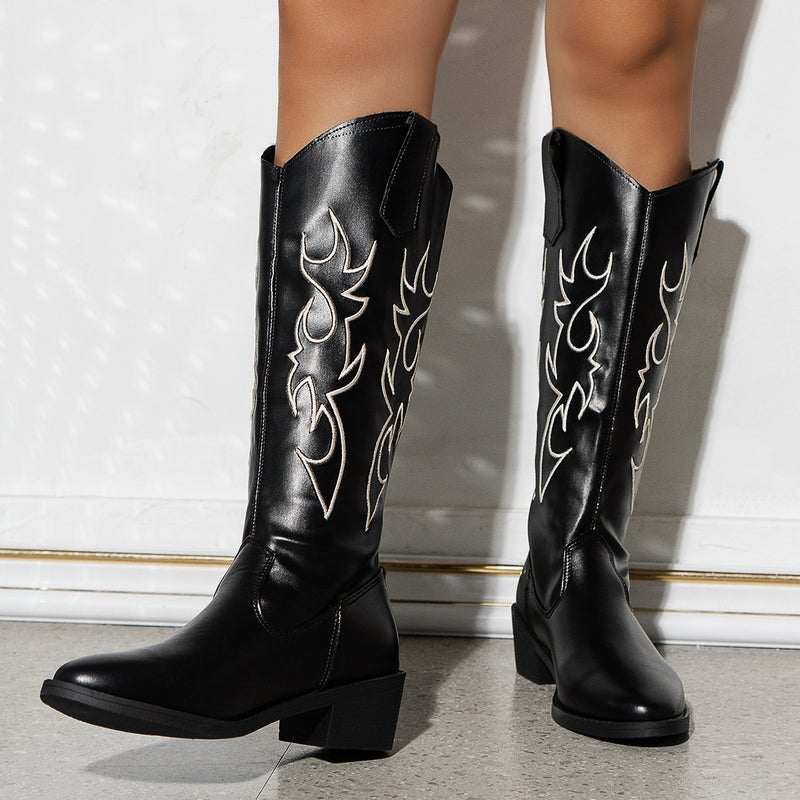 Embroidered No-Knee Chelsea Boots 2023 Spring & Fall New Style Pointed Toe Thick Heel Mid-Calf Knight Boots Leather Boots High Heels - Image 5