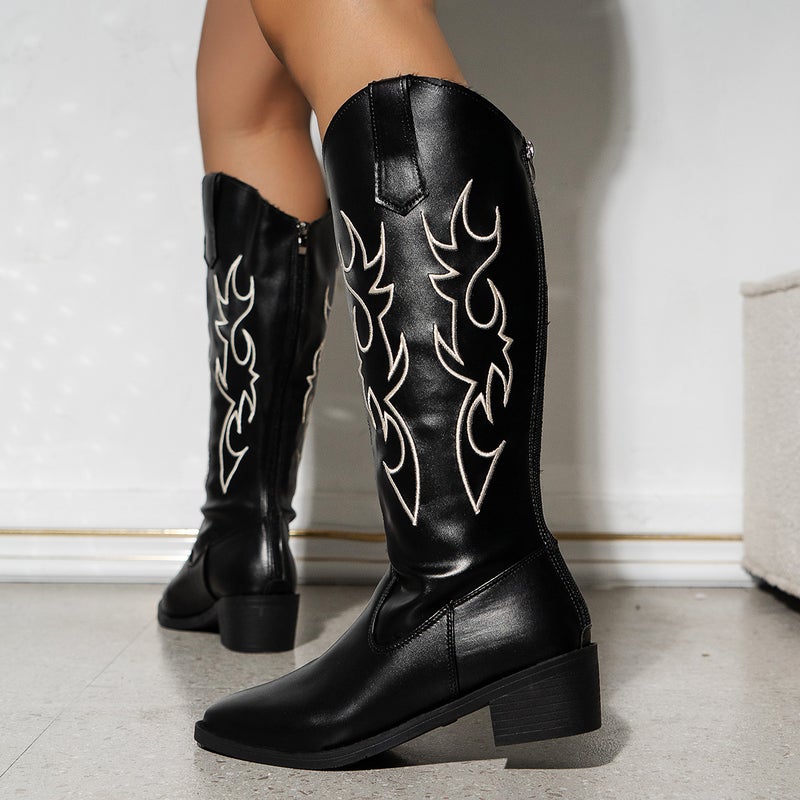 Embroidered No-Knee Chelsea Boots 2023 Spring & Fall New Style Pointed Toe Thick Heel Mid-Calf Knight Boots Leather Boots High Heels - Image 1