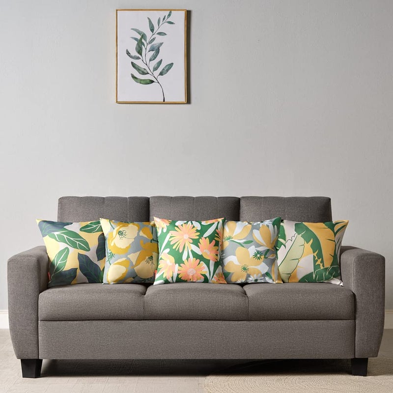 Sleepyhead Spring - Digital Printed Dual Sided Floral Cushion Covers/Throw Pillow (16X16, Set Of 5, Green & Yellow)(Canvas), 180 TC, 40.64 cm - Image 2