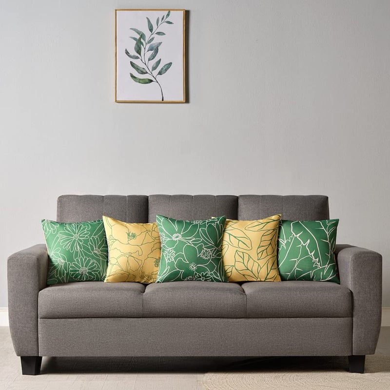 Sleepyhead Spring - Digital Printed Dual Sided Floral Cushion Covers/Throw Pillow (16X16, Set Of 5, Green & Yellow)(Canvas), 180 TC, 40.64 cm - Image 3