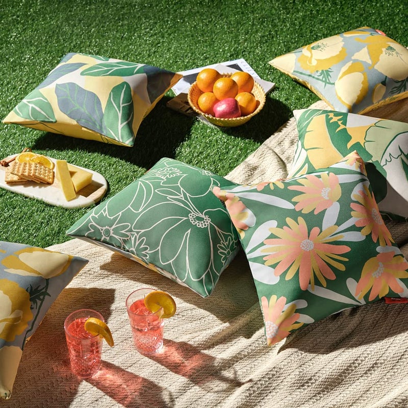 Sleepyhead Spring - Digital Printed Dual Sided Floral Cushion Covers/Throw Pillow (16X16, Set Of 5, Green & Yellow)(Canvas), 180 TC, 40.64 cm - Image 1