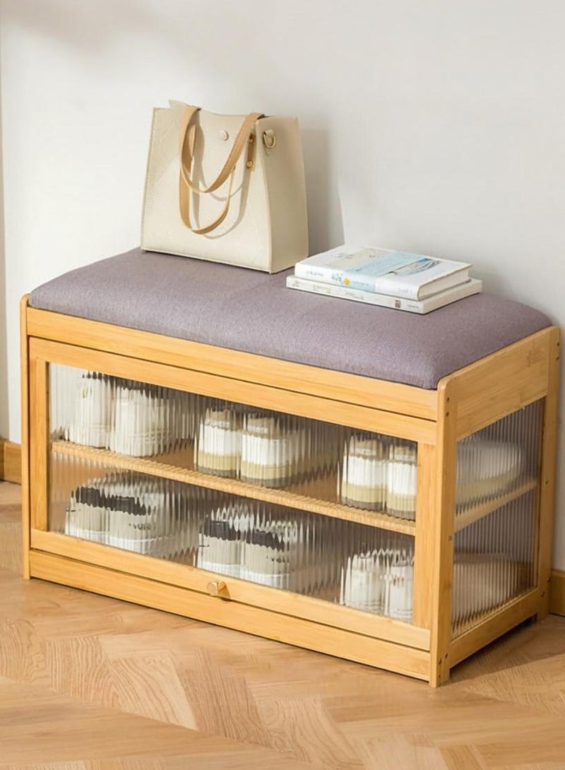 والالا مقعد أحذية من الخيزران مع أبواب قابلة للطي، مناسب لغرفة المعيشة، غرفة النوم، الرواق، مع نافذة أكريليك قابلة للإزالة، مقعد مدخل عصري من طابقين - Image 1